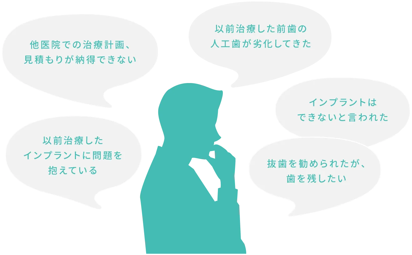 以前治療したインプラントに問題を抱えている
 他医院での治療計画、見積もりが納得できない
 以前治療した前歯の人口歯が劣化してきた
 インプラントはできないと言われた
 抜歯を勧められたが、歯を残したい